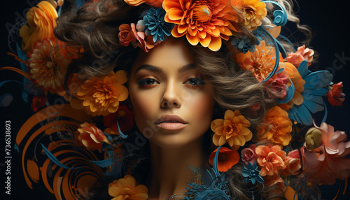 Beautiful woman with long brown hair and a flower decoration generated by AI