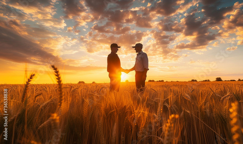 Two happy farmers shake hands wheat field under a clear blue sky. Two people in nature, wearing hats, are shaking hands wheat field under blue sky. natural landscape of the grassland makes them happy photo