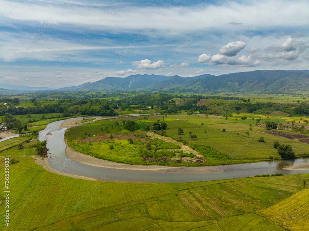 Rice fields, paddy farms and riverbanks. Blue sky and clouds. Mindanao, Philippines.