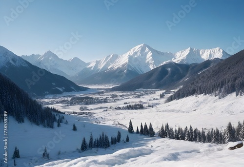 Wallpaper Mural A snow-covered valley with snow-capped mountains in the background and a dense forest of coniferous trees in the foreground under a clear blue sky Torontodigital.ca