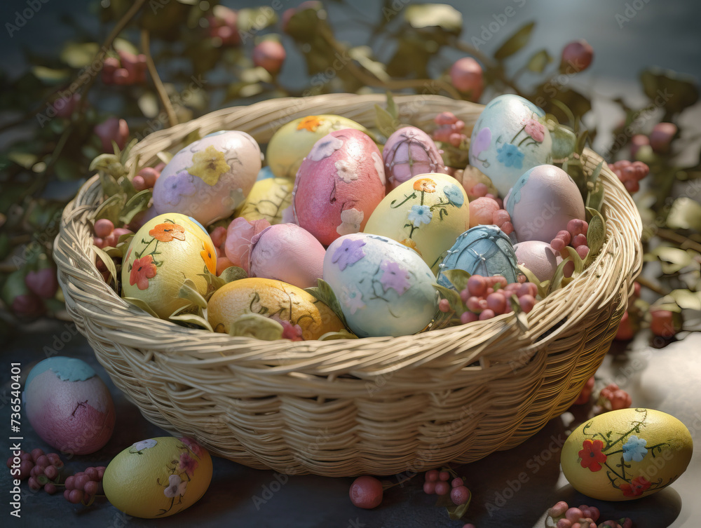 wicker decorated basket with Easter eggs on the table, close-up