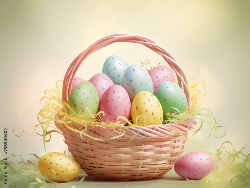 wicker basket with colorful Easter eggs on a green background, close-up