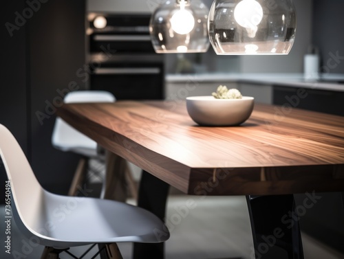 modern wooden kitchen table and white chair close-up on the background of a blurred black kitchen