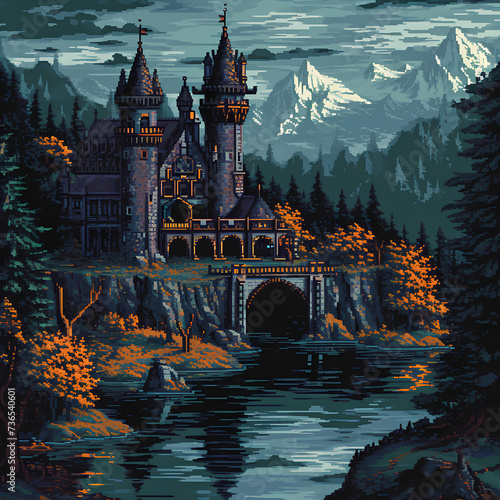 view of the castle pixel art game background