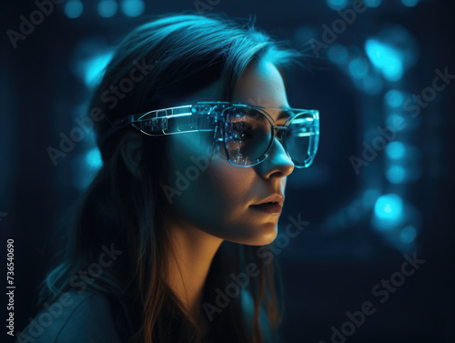 beautiful girl in augmented reality glasses, gamer, artificial intelligence, neural networks