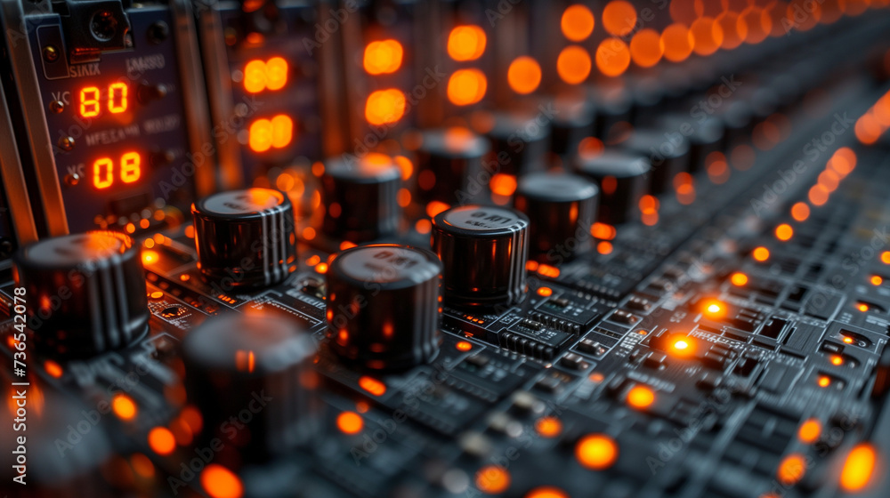 Close-up of professional audio mixing console with glowing dials for music production and sound engineering