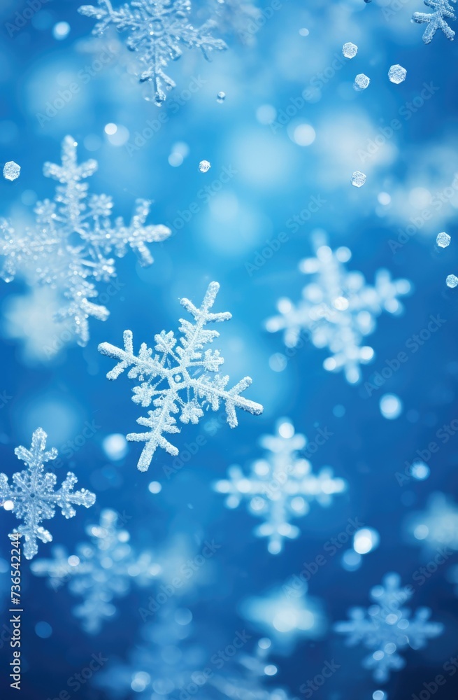 Snowflakes are falling on a blue background. Generative AI. Snowflakes are falling on a blue background. Generative AI.