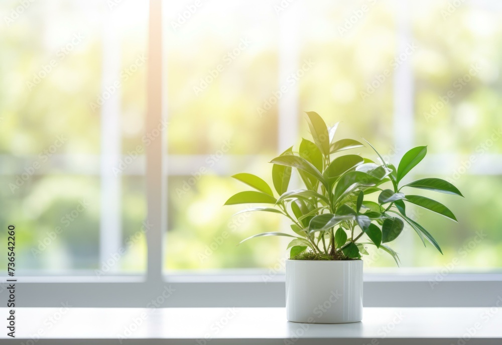 Green houseplant in white pot on window sill. Generative AI. Green houseplant in white pot on window sill. Generative AI.