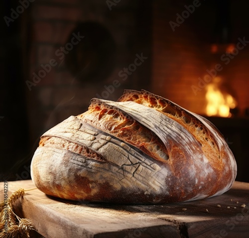 A loaf of bread sitting on a wooden table. Generative AI.