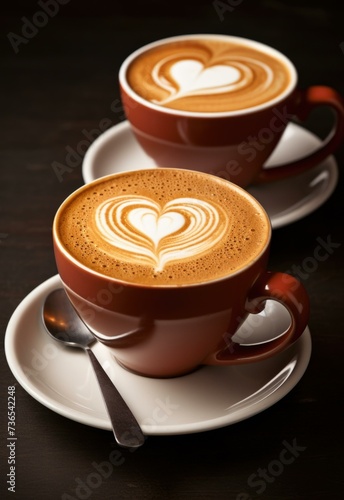 Two cups of coffee with heart-shaped latte art on a dark background. Generative AI.