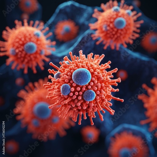 A group of viruses are shown in a dark background. Generative AI.