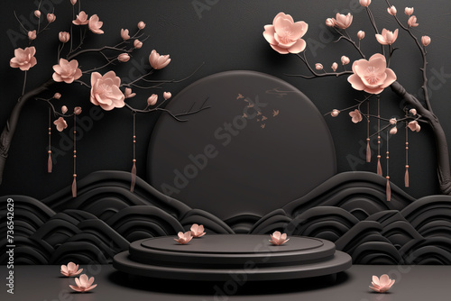 3d render of black podium display with cherry blossom on black background. Chinese new year concept, cherry blossom