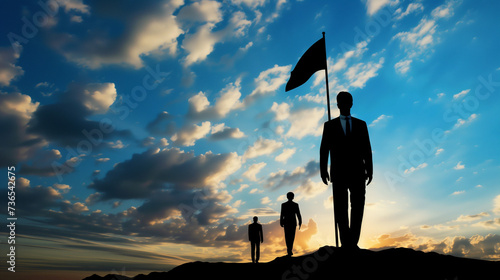 Silhouette of a businessman with a flag against a dynamic sky, great for motivational content and corporate branding