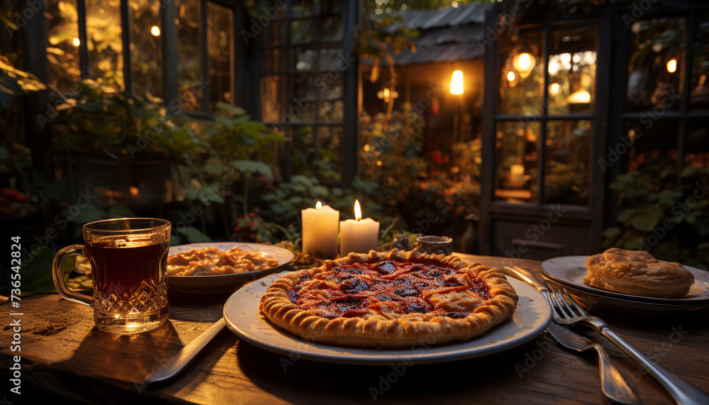 Wooden table, flame burning, gourmet meal, fresh pizza, homemade dessert generated by AI