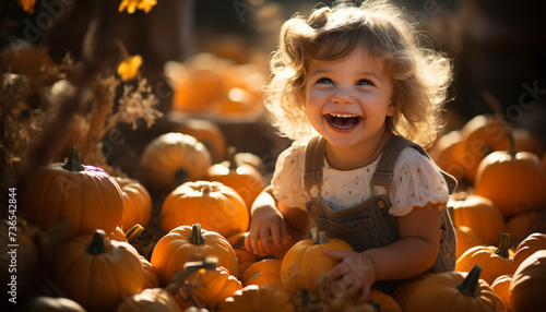 Smiling child playing in pumpkin patch, celebrating autumn joyful harvest generated by AI photo