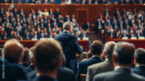 Politician giving a speech at a formal parliamentary meeting. Ideal for political campaign materials and educational content.