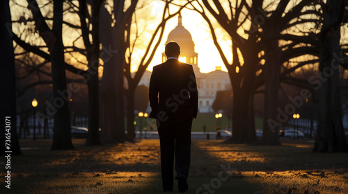 Silhouette of a businessman walking towards the capitol at dawn. Suitable for political or business success stories.