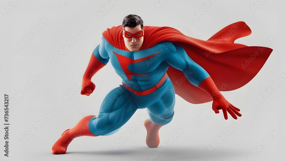 Superhero with red cape running on white background