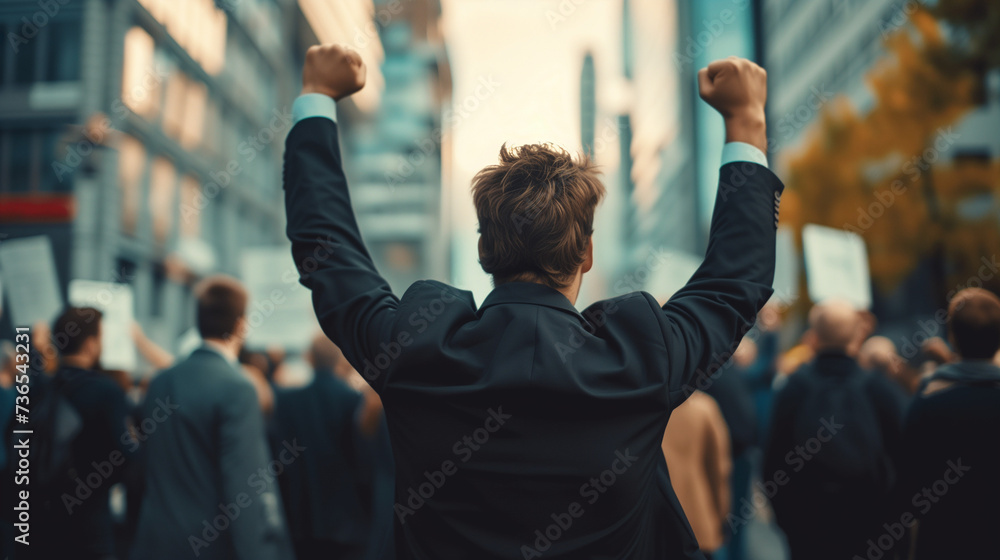 Exuberant young man celebrating victory at a public demonstration. Ideal for social movement advertisements or motivational content. - obrazy, fototapety, plakaty 