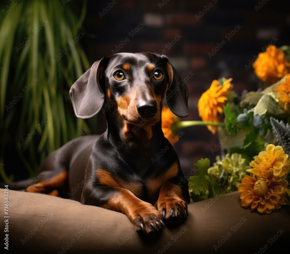 A dachshund dog sitting on a couch with flowers. Generative AI.