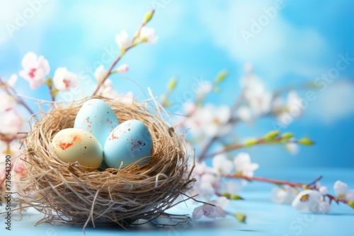 Easter eggs in nest with cherry blossom on blue background. Generative AI.