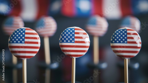 American flag pins on a dark background, suitable for Independence Day promotions and patriotic event invitations photo