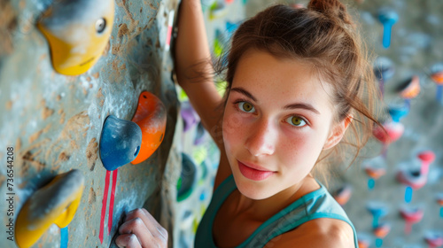 A beautiful girl in a climbing class, a young woman with insurance climbing a wall.
