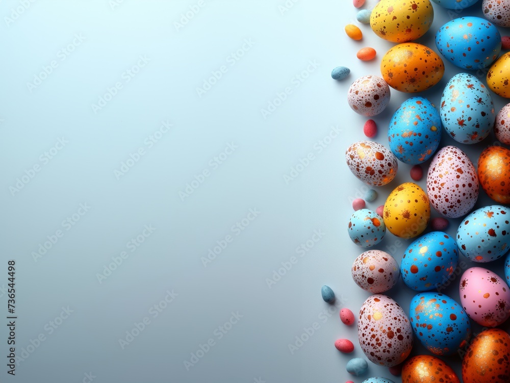 Colorful Easter Eggs flat lay top view on blue background, copy space Colorful Easter Eggs flat lay top view on blue background, copy space