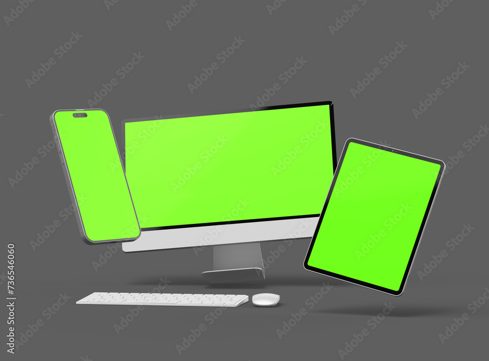 3D Render of smartphone tablet desktop with green screens on a dark background 3D Render of smartphone tablet desktop with green screens on a dark background