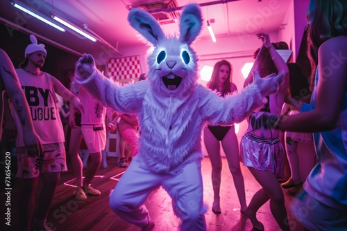 A vibrant person clad in a furry magenta rabbit costume dances among a sea of purple and violet lights, bringing entertainment and joy to the lively indoor nightclub photo