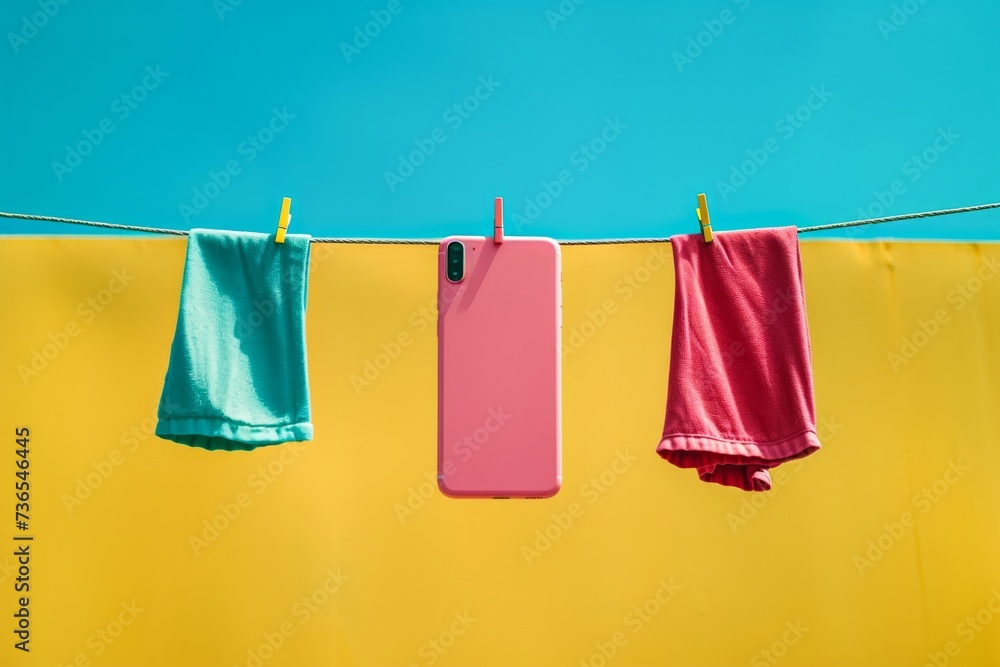 Summer hangs in the air as a phone and towels sway on the outdoor clothesline, held in place by colorful clothespins Summer hangs in the air as a phone and towels sway on the outdoor clothesline, held in place by colorful clothespins