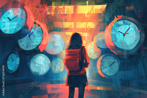 Urgency concept, illustration of a woman standing in front of different clocks