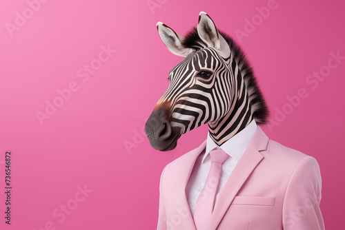 Anthropomorphic Zebra in Pink Business Attire  Monochromatic Corporate Workplace Studio Shot with Bold Color Matching Wall - Happy Work Environment Stock Image