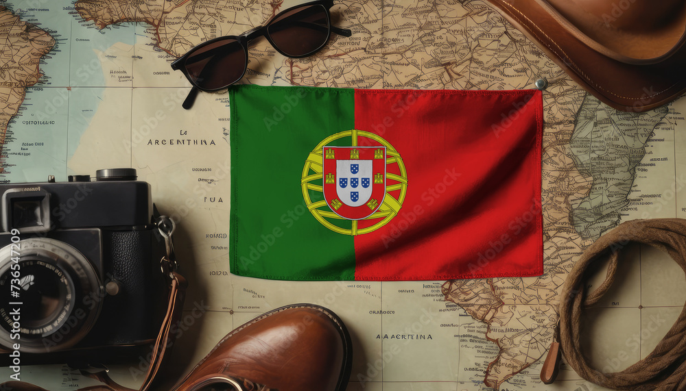 custom made wallpaper toronto digitalPortugal flag lies on the map surrounded by camera, glasses, travel and tourism concept