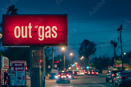 close-up of a gas station with a sign that reads "out of gas"