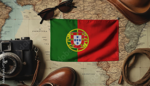 Fotografie Portugal flag lies on the map surrounded by camera, glasses, travel and tourism