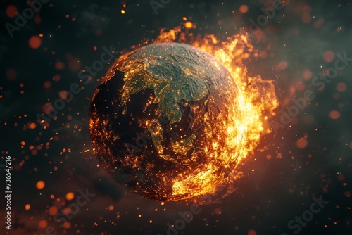 Earth globe collapse, burning, destroyed by fire. Conceptual illustration of global warming, caused by the excesses of the world of finance and industry - Generative AI