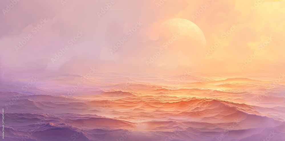 Fototapeta premium A majestic sunset casts vibrant hues over a vast ocean, shrouded in a dreamy fog while the sky transforms into a canvas of fiery clouds, creating a breathtaking outdoor landscape