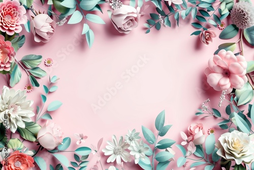 A beautiful bouquet of roses and delicate leaves, adorned on a soft pink canvas, evokes a sense of romantic floral artistry photo