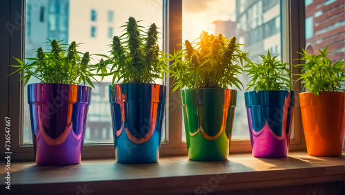 Flowerpot with marijuana plant on the windowsill