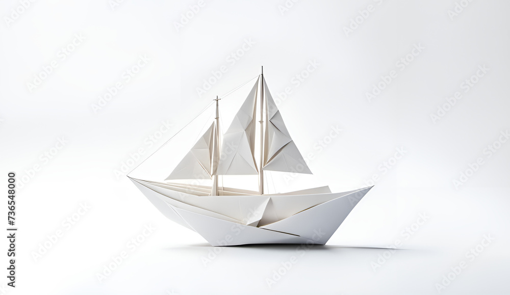 Papierschiff Segelboot in geometrischen Formen, wie 3D Papier in weiß wie Origami Falttechnik Symbol Wappen Logo Vorlage Freizeit, hobby, freiheit, wind segeln Törn Segel setzen Zweimaster 