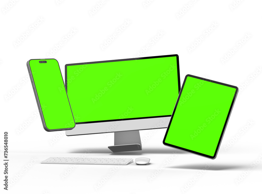 3D Render of smartphone tablet desktop with green screens on a transparent background 3D Render of smartphone tablet desktop with green screens on a transparent background