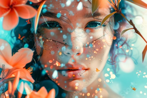 A mesmerizing portrait of a woman adorned with a vibrant bouquet of flowers, blending the beauty of nature with the complexity of the human face