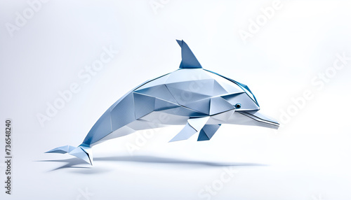 schwimmender Delphin mit Flossen in geometrischen Formen, wie 3D Papier in weiß Origami Falttechnik Tier Logo Vorlage wildlebende Tiere, Ozean, Meer, Karibik, Jäger, Wildnis Schule Gruppentier photo