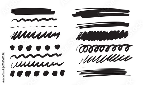 Brush drawn strikethrough vector elements. Set of grunge brush lines and strokes. Underline black graphic elements. Black ink doodle lines collection.