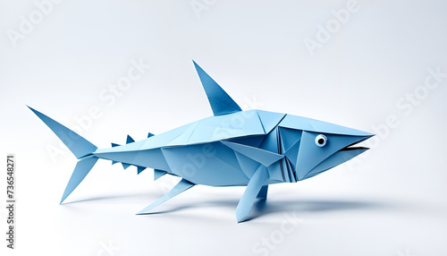 Thunfisch Schwarmfisch mit Flossen Fisch in geometrischen Formen, wie 3D Papier in weiß Origami Falttechnik Tier Logo Vorlage wildlebende Tiere, Ozean, Meer, Fischfang, Schuppen, Gräten, Konserven  photo