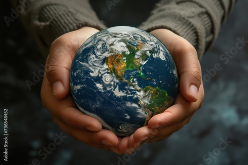 hands holding the world earth on a blue background