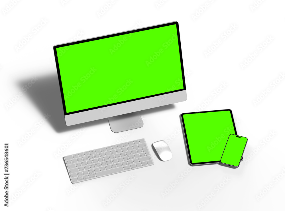 3D Render of smartphone tablet desktop with green screens on a light background 3D Render of smartphone tablet desktop with green screens on a light background