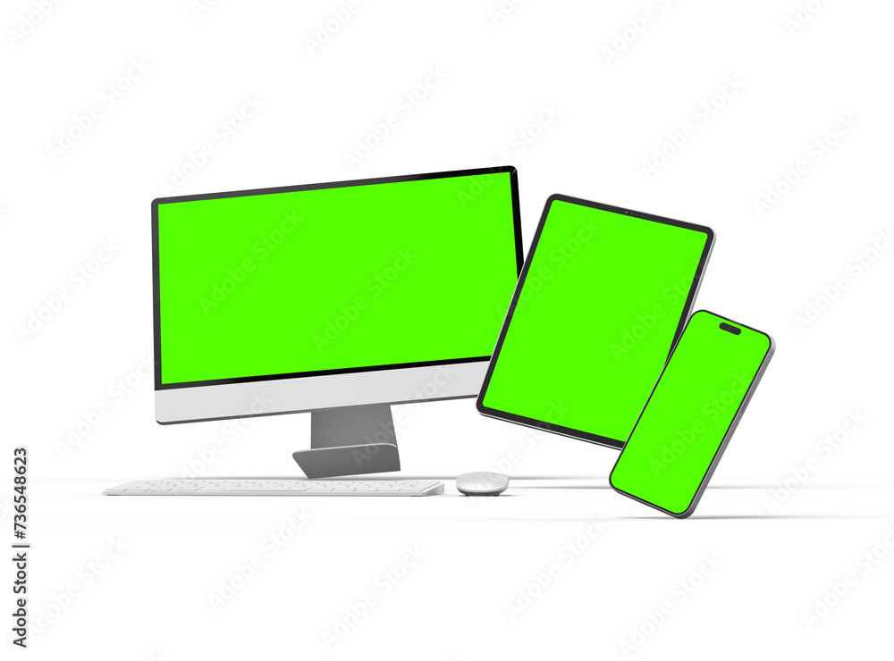 3D Render of smartphone tablet desktop with green screens on a light background 3D Render of smartphone tablet desktop with green screens on a light background