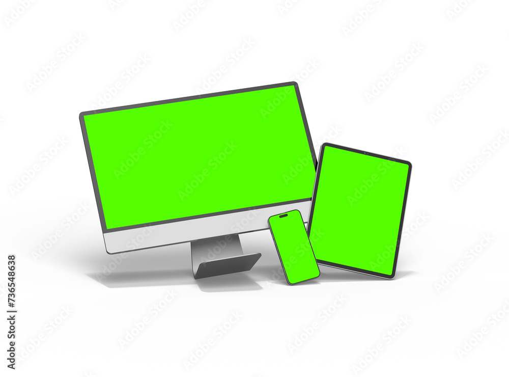 3D Render of smartphone tablet desktop with green screens on a light background